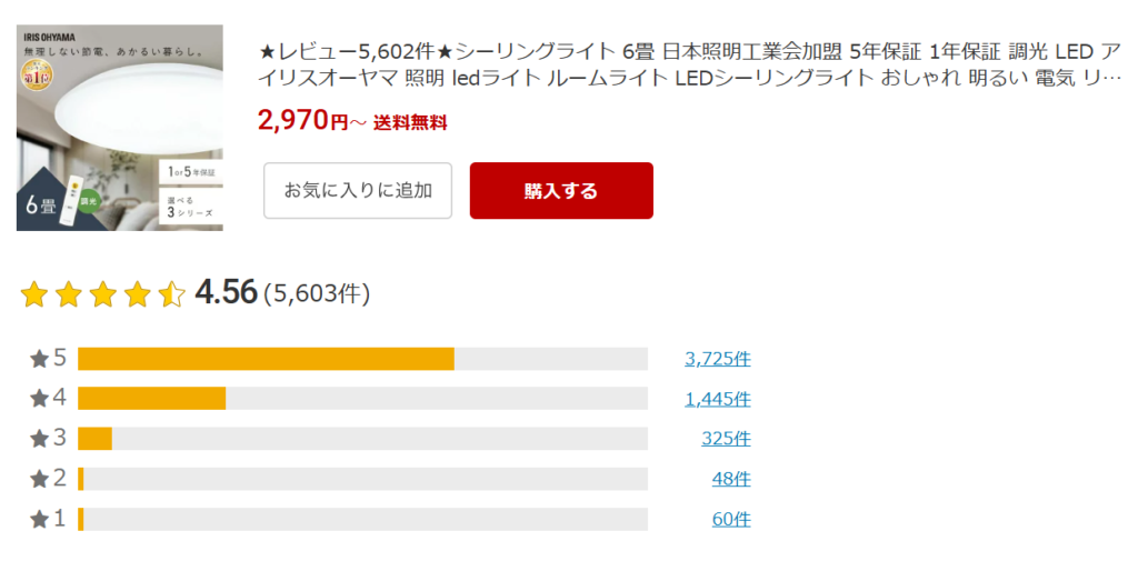 楽天6畳用ライトレビュー